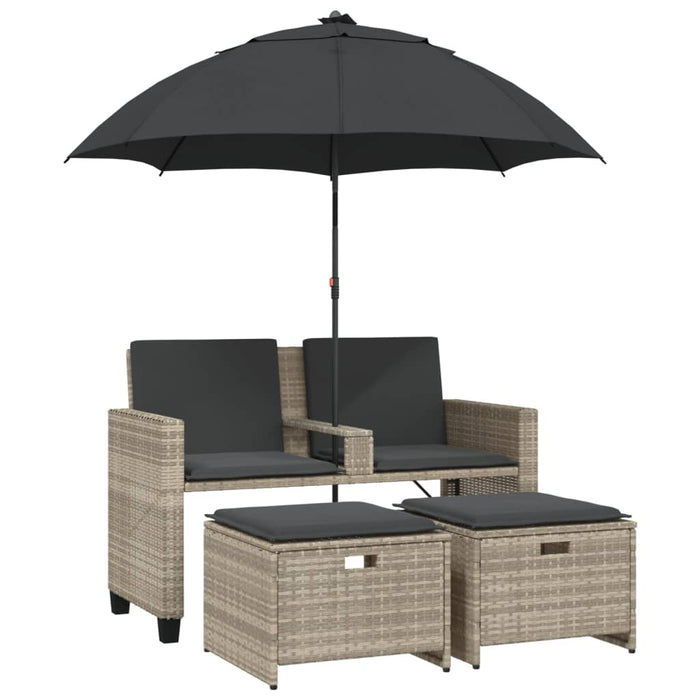 Garden Sofa 2-Seater With Parasol And Stools Light Grey Poly Rattan Tlpnnn