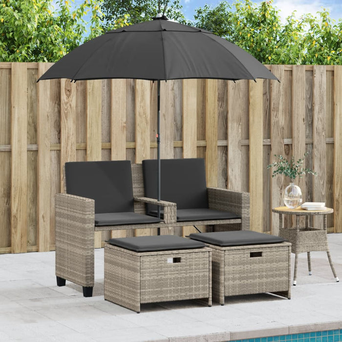 Garden Sofa 2-Seater With Parasol And Stools Light Grey Poly Rattan Tlpnnn