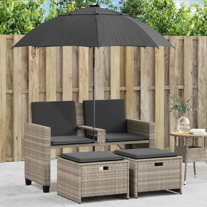 Garden Sofa 2-Seater With Parasol And Stools Light Grey Poly Rattan Tlpnnn