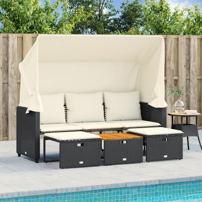 Garden Sofa 3-Seater With Canopy And Stools Black Poly Rattan Tlpapt