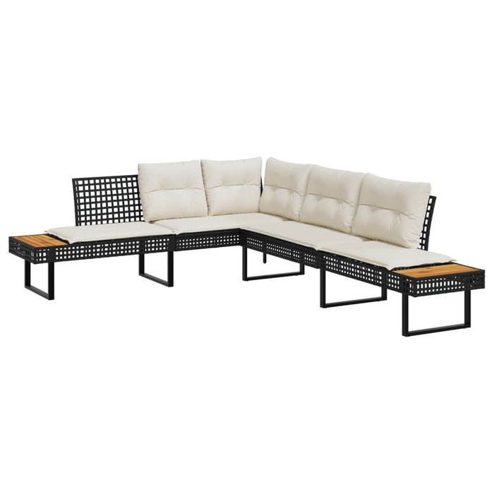 Garden Sofa With Cushions L-Shaped Black Poly Rattan And Acacia Tlplta
