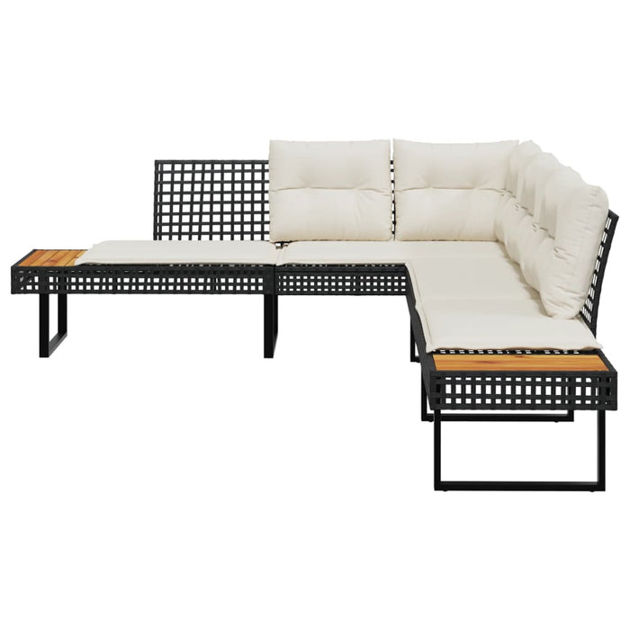 Garden Sofa With Cushions L-Shaped Black Poly Rattan And Acacia Tlplta