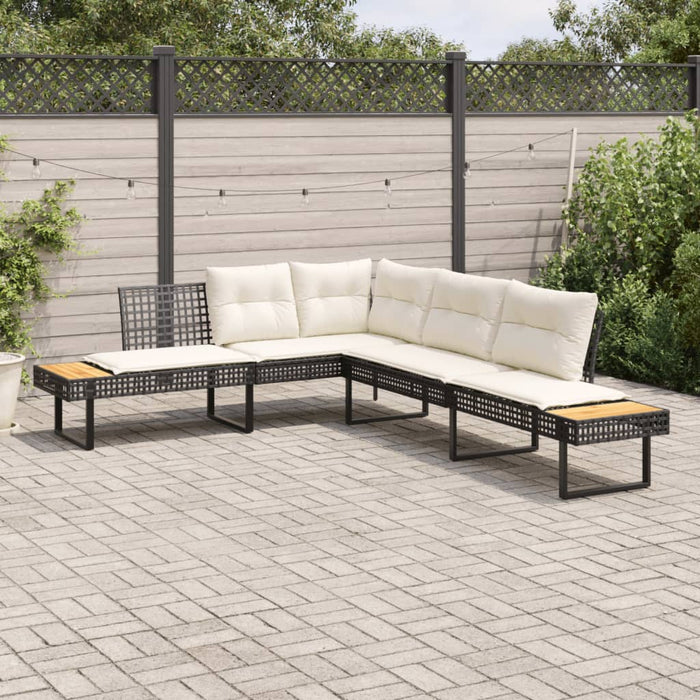 Garden Sofa With Cushions L-Shaped Black Poly Rattan And Acacia Tlplta