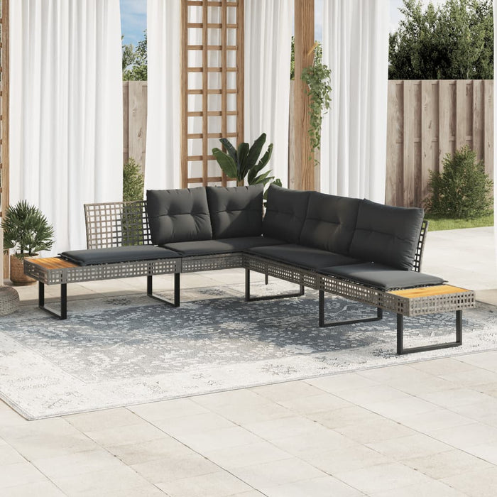 Garden Sofa With Cushions L-Shaped Grey Poly Rattan And Acacia Tlpltp