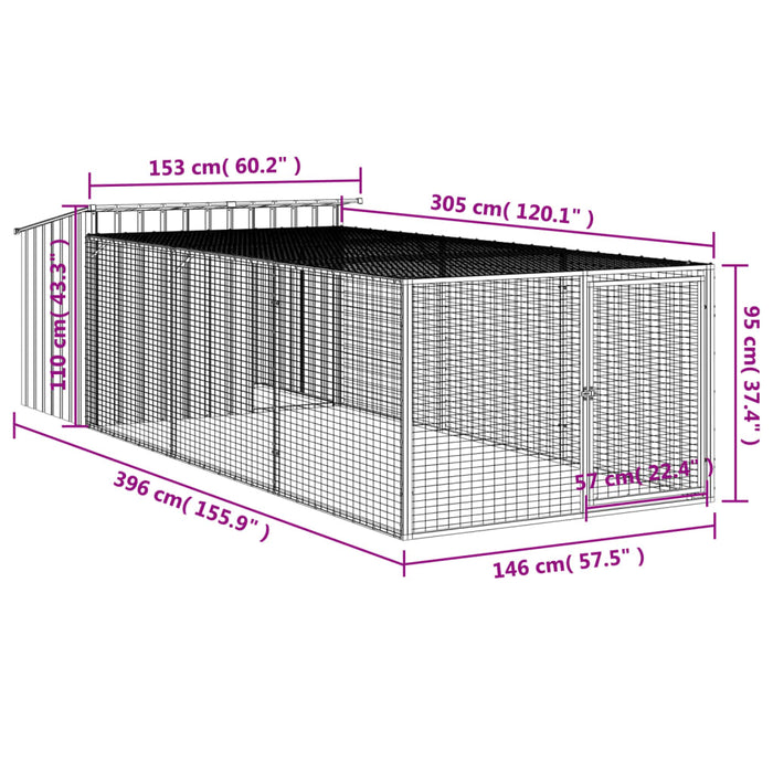 Dog House With Run Anthracite 153X396X110 Cm Galvanised Steel Txoaxxt