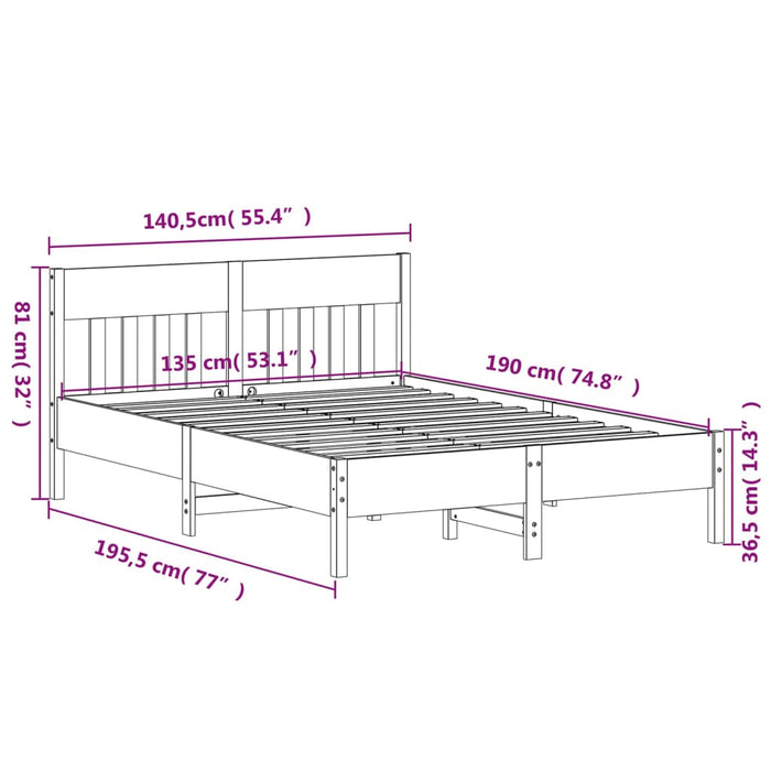 Double Size Bed Frame Without Mattress 135X190 Cm Solid Wood Pine Naxlll