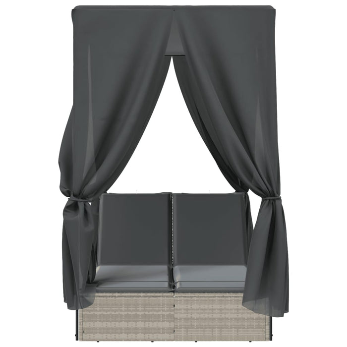 Double Sun Lounger With Roof And Curtains Light Grey Poly Rattan Tlnbii