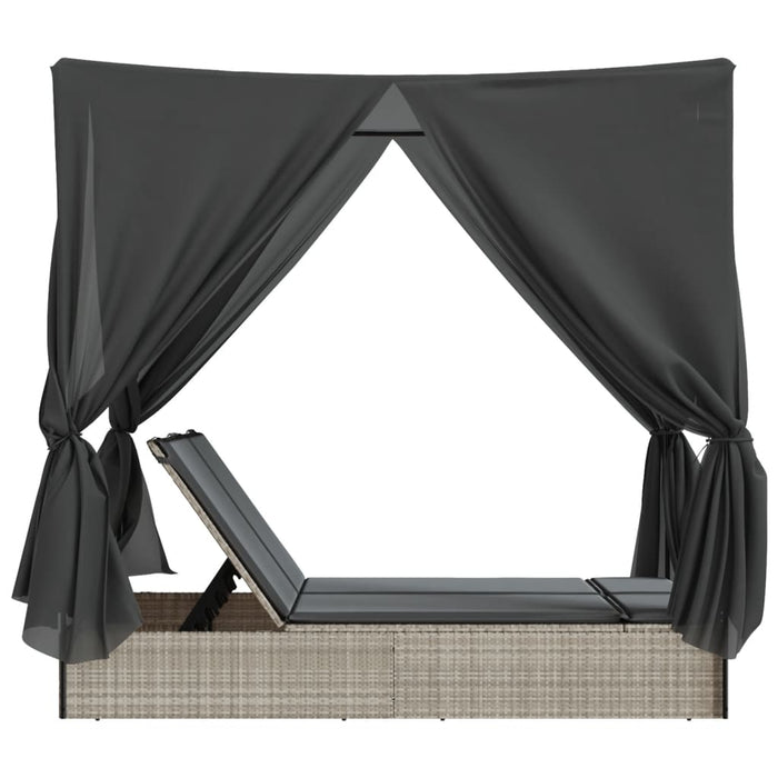 Double Sun Lounger With Roof And Curtains Light Grey Poly Rattan Tlnbii