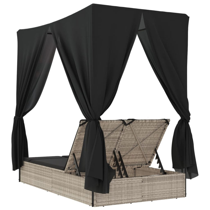 Double Sun Lounger With Roof And Curtains Light Grey Poly Rattan Tlnbii