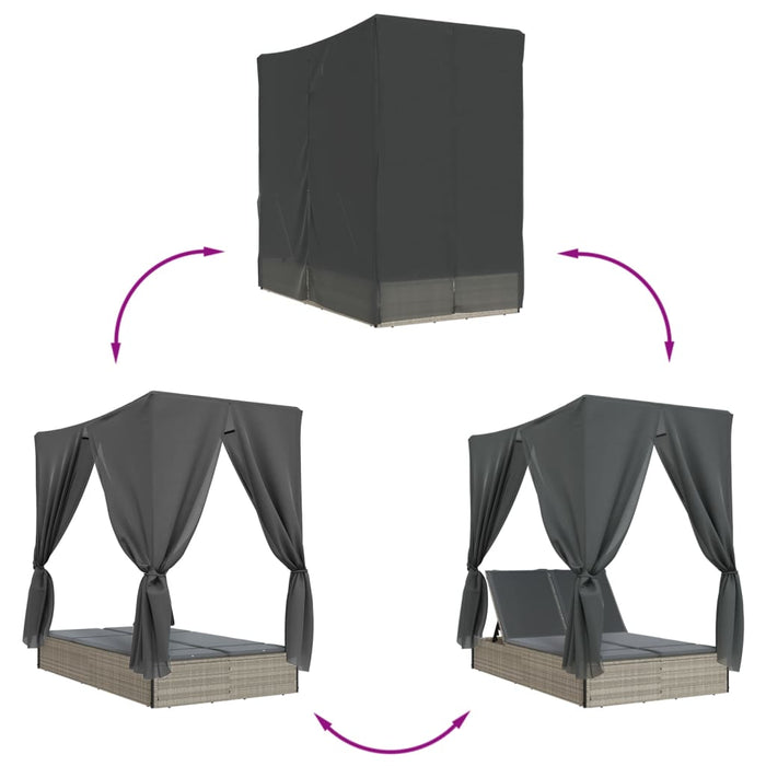 Double Sun Lounger With Roof And Curtains Light Grey Poly Rattan Tlnbii