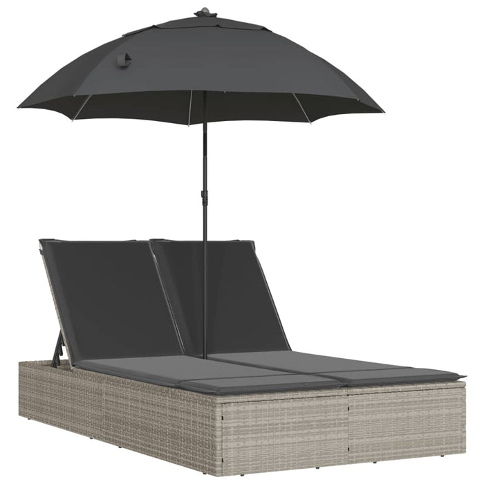 Double Sun Lounger With Cushions&Parasol Light Grey Poly Rattan Tlnbnl