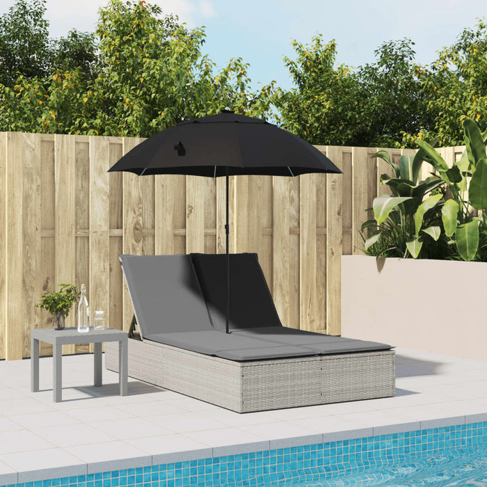 Double Sun Lounger With Cushions&Parasol Light Grey Poly Rattan Tlnbnl