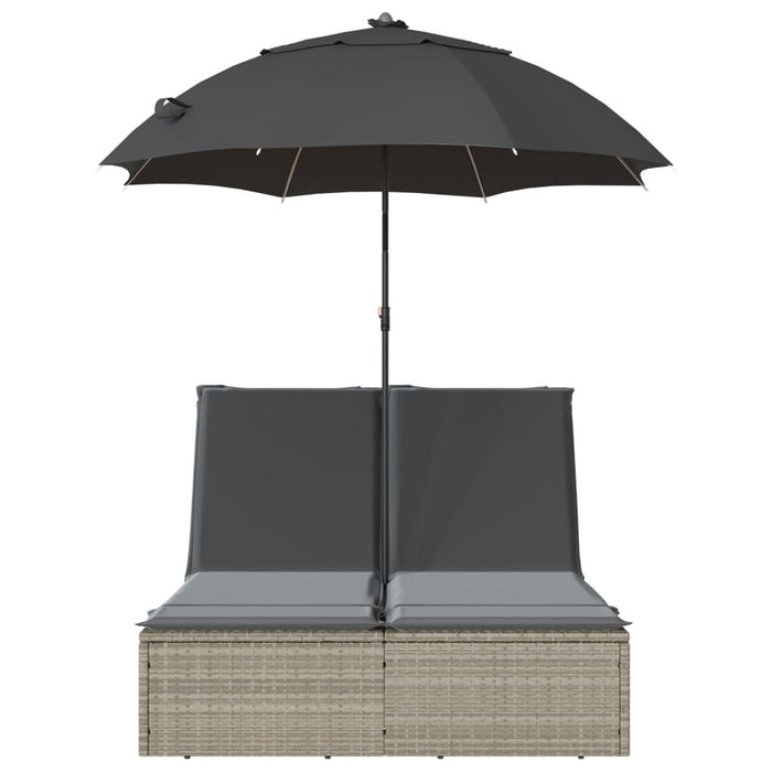 Double Sun Lounger With Cushions&Parasol Light Grey Poly Rattan Tlnbnl