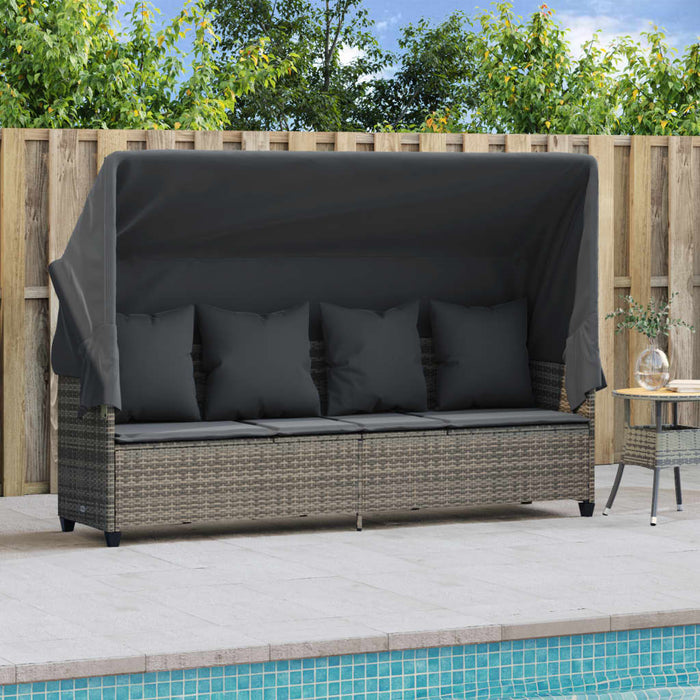 Sun Lounger With Canopy And Cushions Grey Poly Rattan Tlntpp
