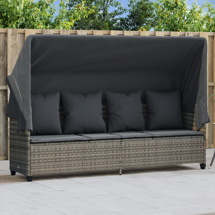 Sun Lounger With Canopy And Cushions Grey Poly Rattan Tlntpp
