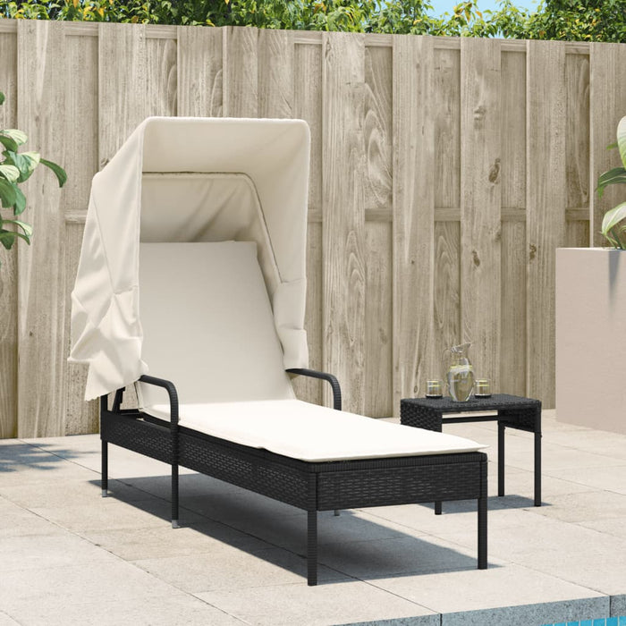 Sun Lounger With Canopy Black Poly Rattan Tlnonn