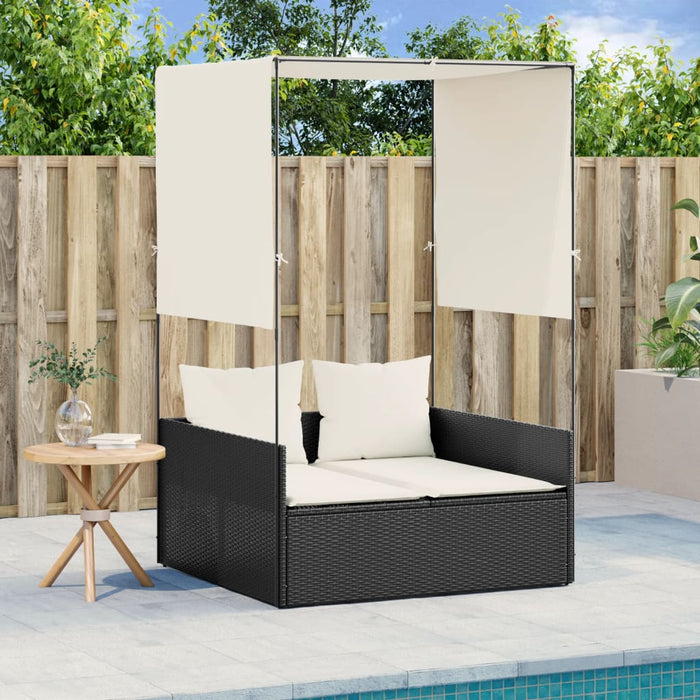 Double Sun Lounger With Roof And Curtains Black Poly Rattan Abbxipp
