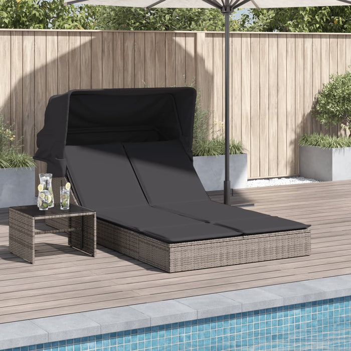 Double Sun Lounger With Canopy And Cushions Grey Poly Rattan Tlnltk
