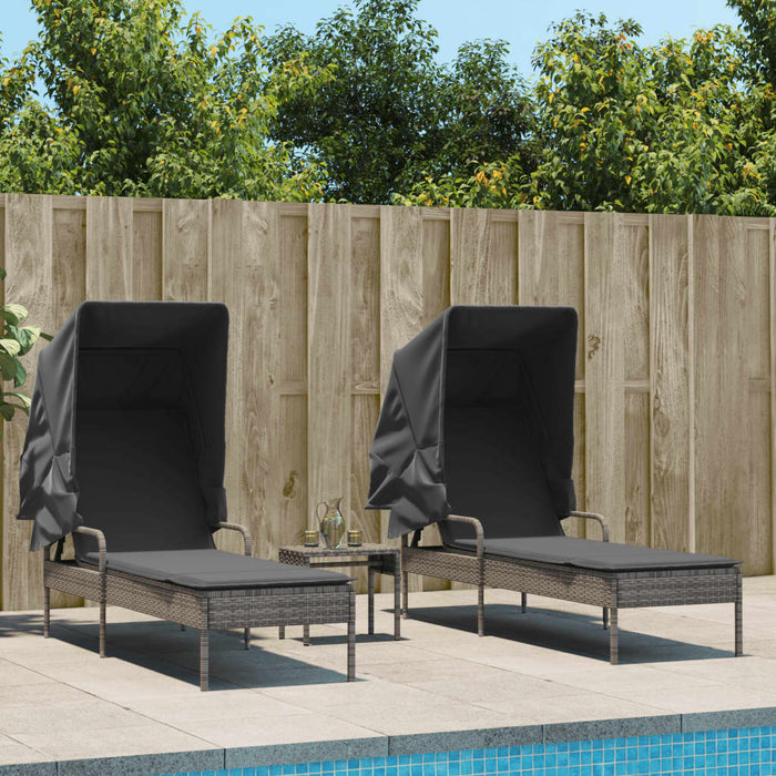 Sun Loungers 2 Pcs With Canopies And Table Grey Poly Rattan Txlopio