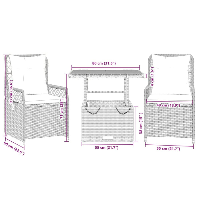 3 Piece Garden Dining Set With Cushions Grey Poly Rattan Txlxkot