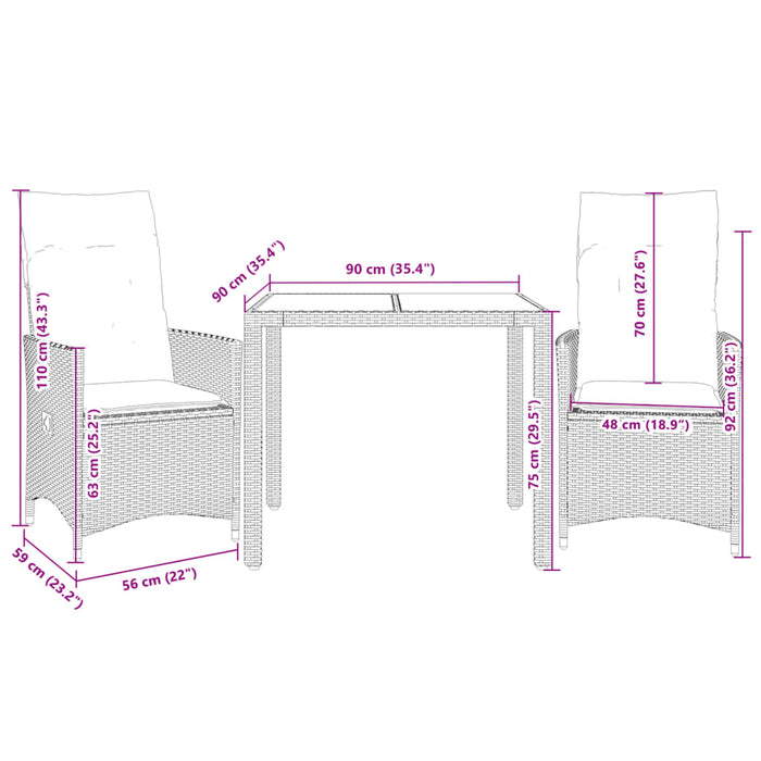3 Piece Bistro Set With Cushions Grey Poly Rattan Txilixt