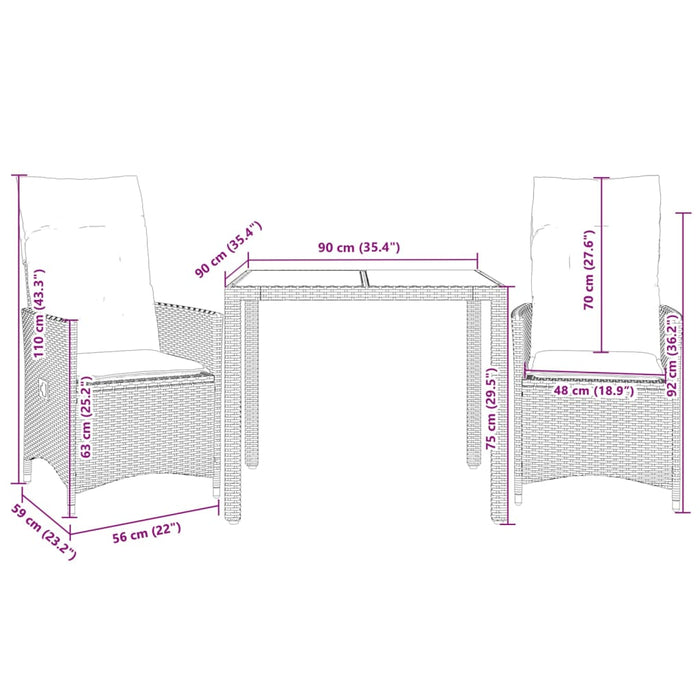 3 Piece Bistro Set With Cushions Grey Poly Rattan Txilitp
