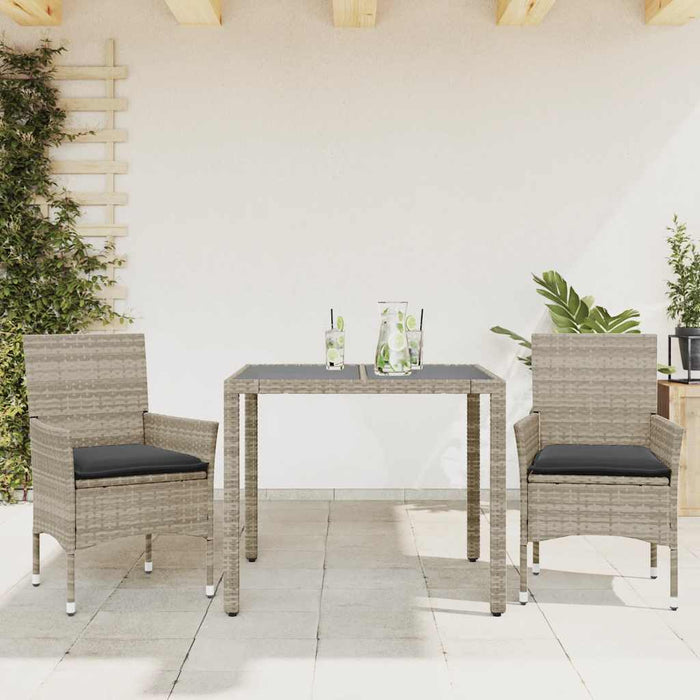 3 Piece Garden Dining Set With Cushions Light Grey Poly Rattan And Glass Txinpit