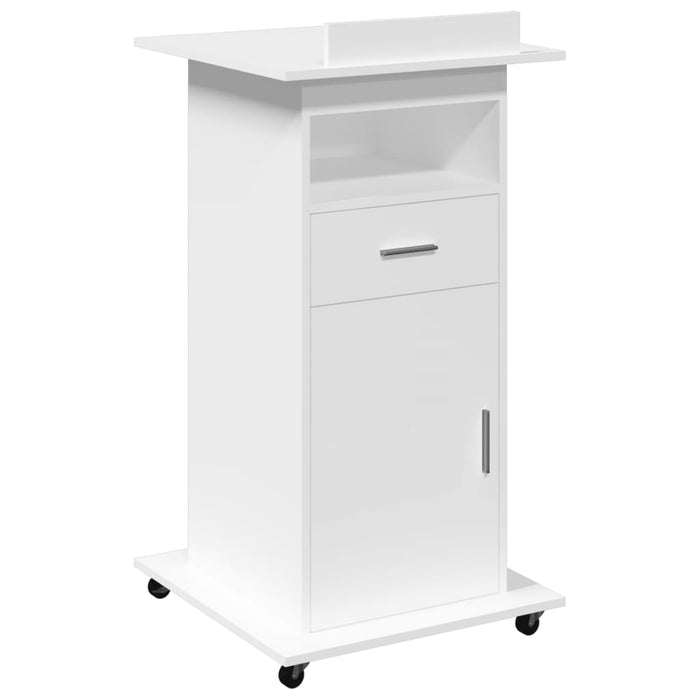 Lectern With Wheels & Drawer White 55X55X107 Cm Engineered Wood Nanbxa