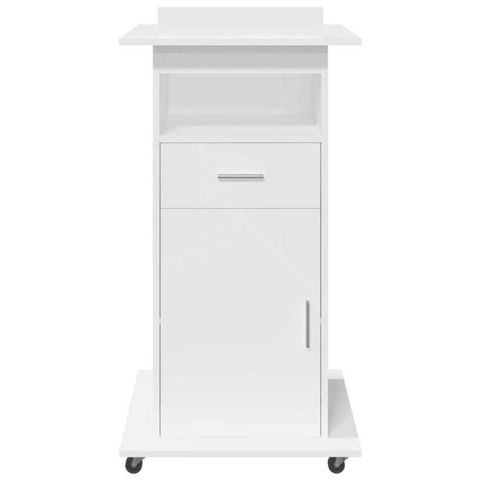 Lectern With Wheels & Drawer White 55X55X107 Cm Engineered Wood Nanbxa
