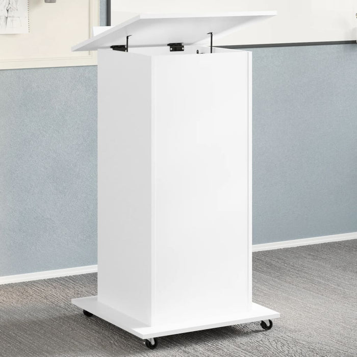 Lectern With Wheels & Drawer White 55X55X107 Cm Engineered Wood Nanbxa