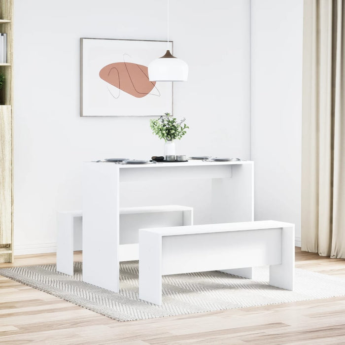 3 Piece Dining Table And Bench Set White Engineered Wood Nppptb