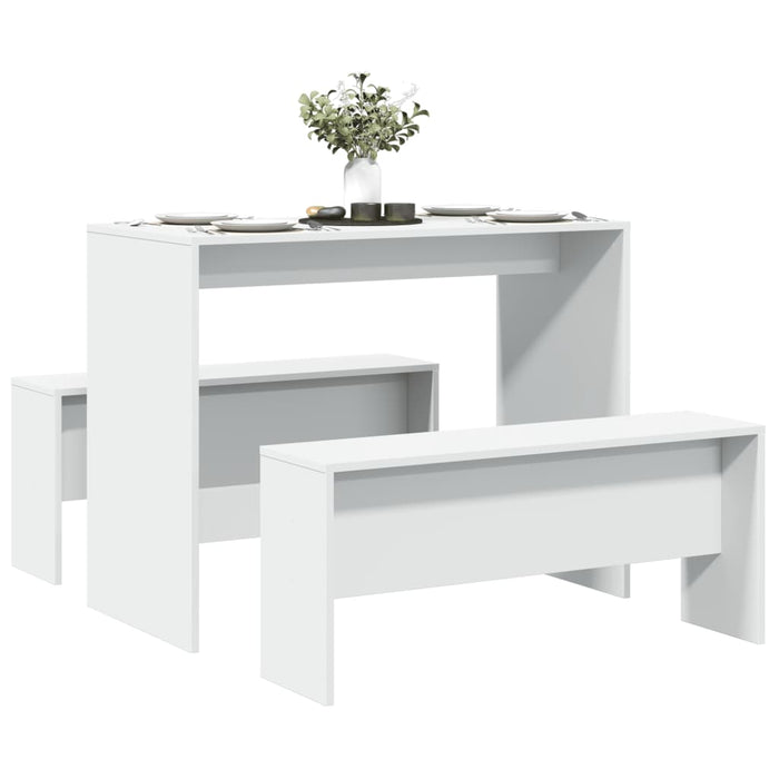 3 Piece Dining Table And Bench Set White Engineered Wood Nppptb