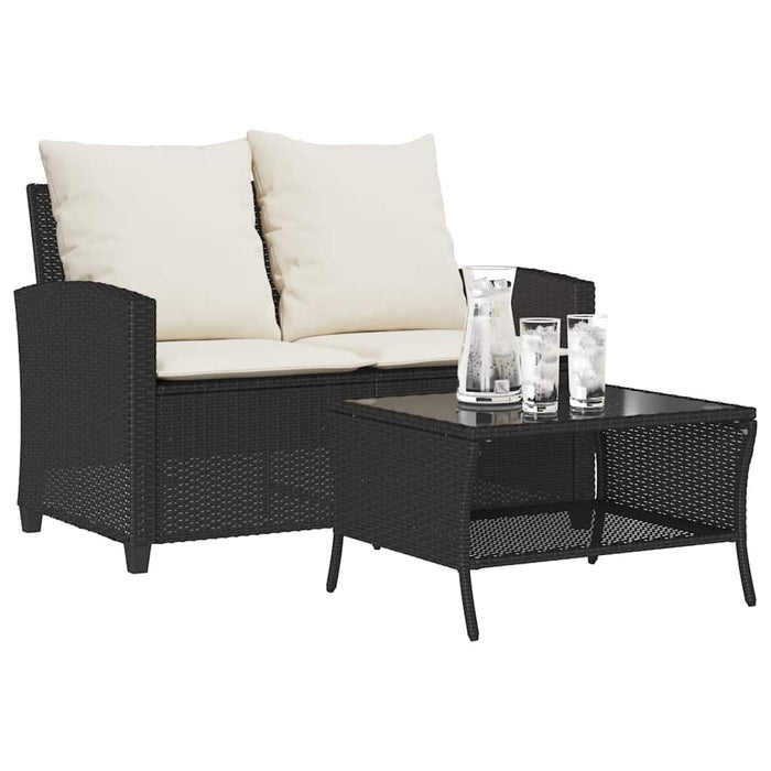 Garden Sofa 2-Seater With Cushions&Table Black Poly Rattan Aobtnap