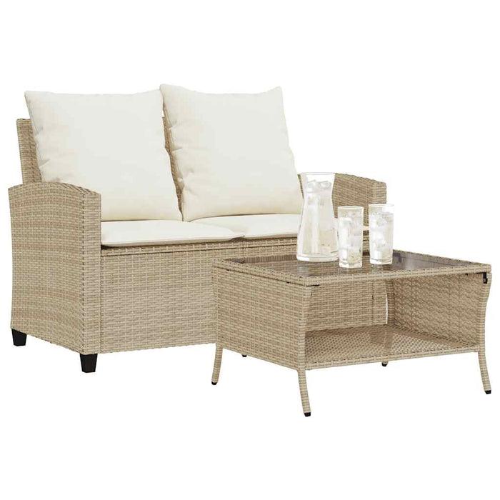 Garden Sofa 2-Seater With Cushions&Table Beige Poly Rattan Aobtnak