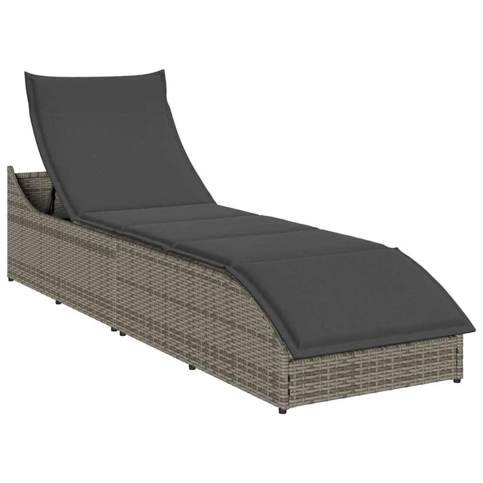 Folding Sun Lounger With Cushion And Storage Grey Poly Rattan Aobaxxx