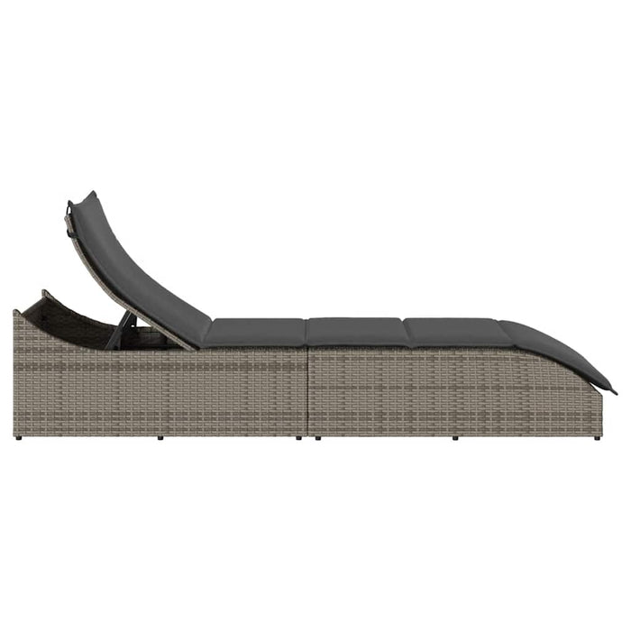 Folding Sun Lounger With Cushion And Storage Grey Poly Rattan Aobaxxx