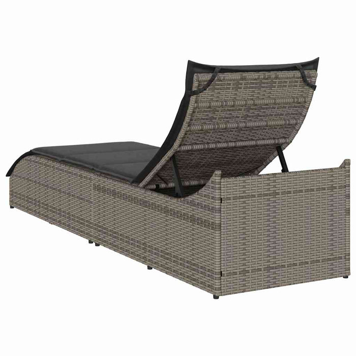 Folding Sun Lounger With Cushion And Storage Grey Poly Rattan Aobaxxx