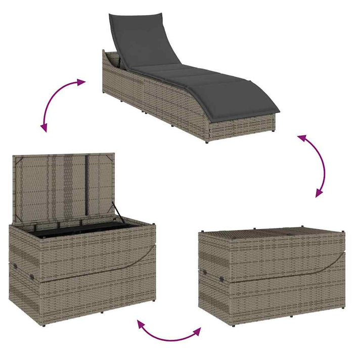 Folding Sun Lounger With Cushion And Storage Grey Poly Rattan Aobaxxx