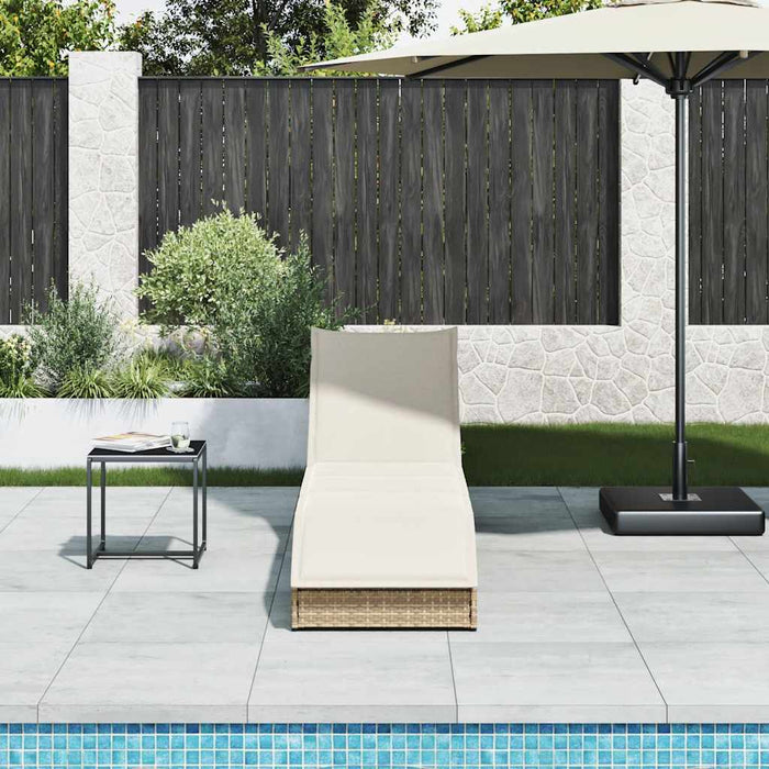 Folding Sun Lounger With Cushion And Storage Beige Poly Rattan Aobaxxa