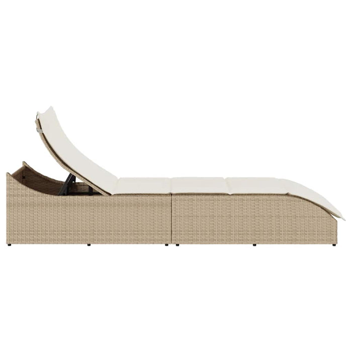 Folding Sun Lounger With Cushion And Storage Beige Poly Rattan Aobaxxa