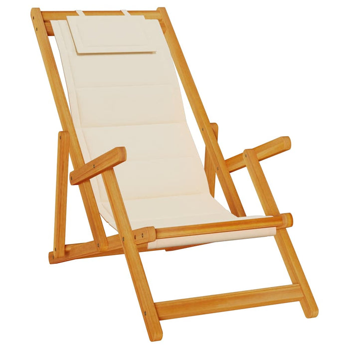 Folding Beach Chair With Armrests Cream Acacia Wood & Textilene Aobnbli