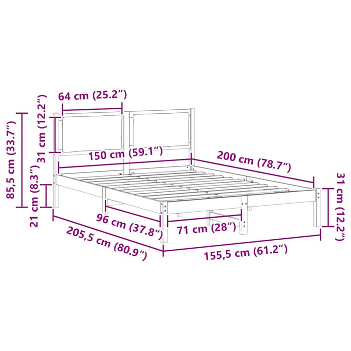 Queen Size Bed Frame With Headboard Dark Grey 150 X 200 Cm Solid Pine Wood Ninoob