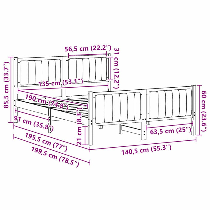Double Size Bed Frame Brown And Dark Grey 135 X 190 Cm Solid Pine Wood Ninanb