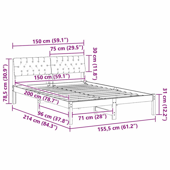 Queen Size Bed Frame Brown And Dark Grey 150 X 200 Cm Solid Pine Wood Ninlbb
