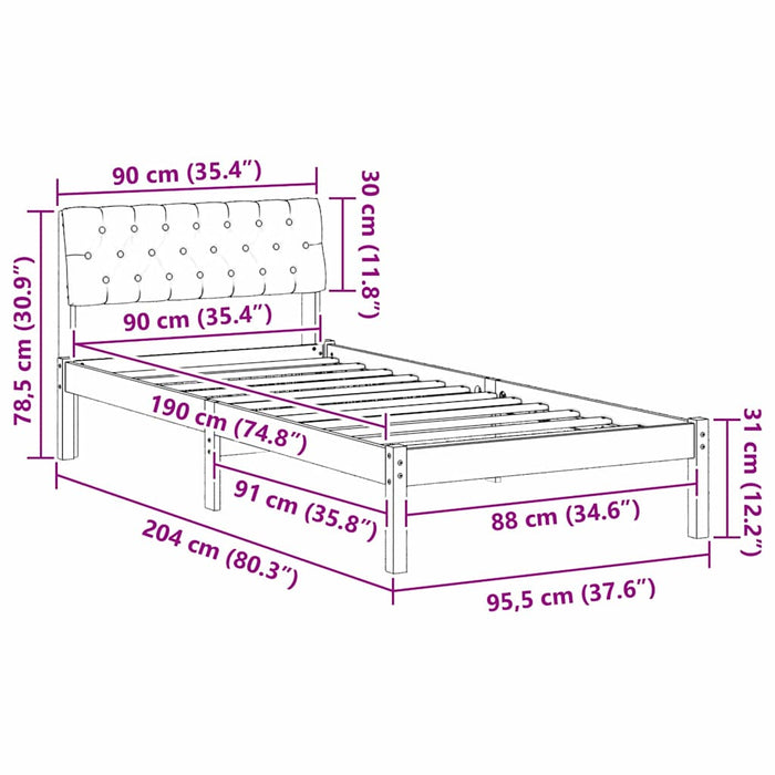 Single Size Bed Frame Brown And Dark Grey 90 X 190 Cm Solid Pine Wood Ninlap
