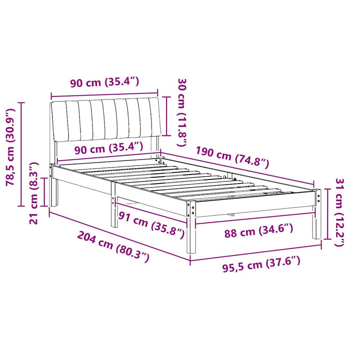 Single Size Bed Frame Brown And Dark Grey 90 X 190 Cm Solid Pine Wood Niniop