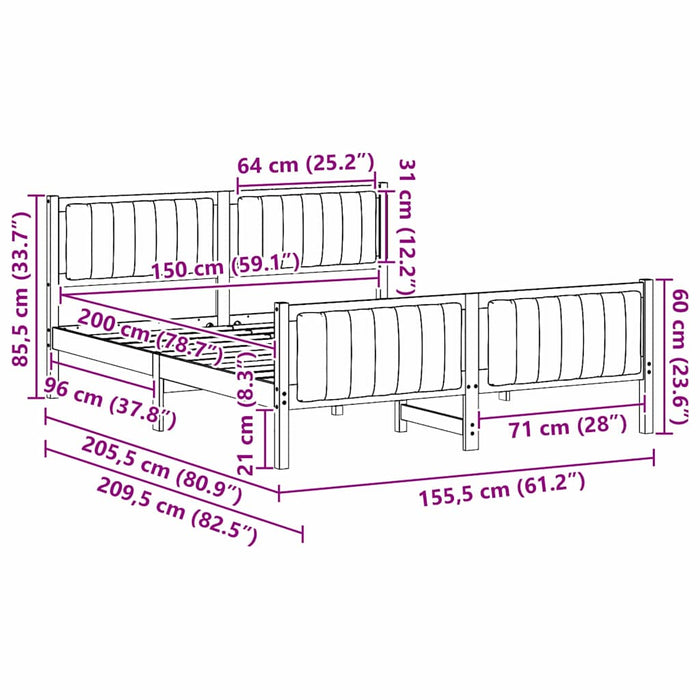 Queen Size Bed Frame Brown And Dark Grey 150 X 200 Cm Solid Pine Wood Ttkatoa