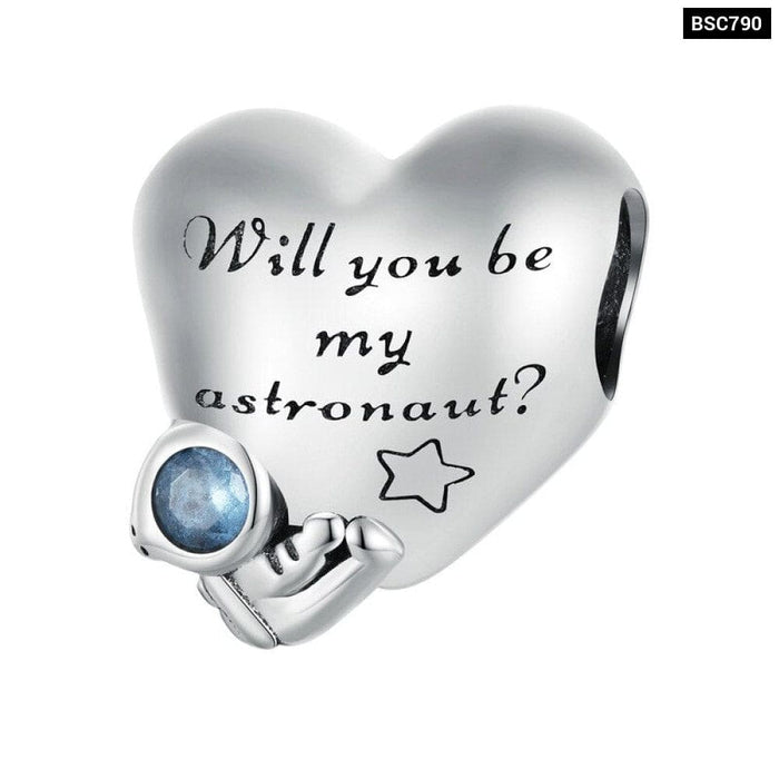 925 Sterling Silver Astronaut Hanging Bead Heart - shapped