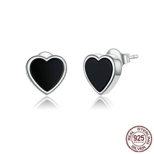 925 Sterling Silver Black Agate Heart Stud Earrings
