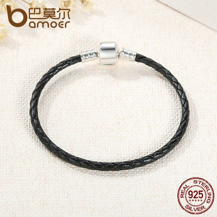 925 Sterling Silver Black Leather Bracelets For Women